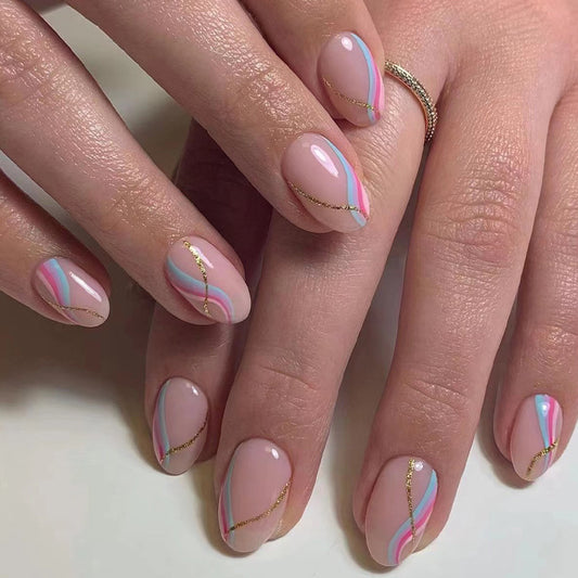 Wearable nail piece short pink blue purple splicing wave nail sticker removable nail piece golden glitter nail piece｜365nails