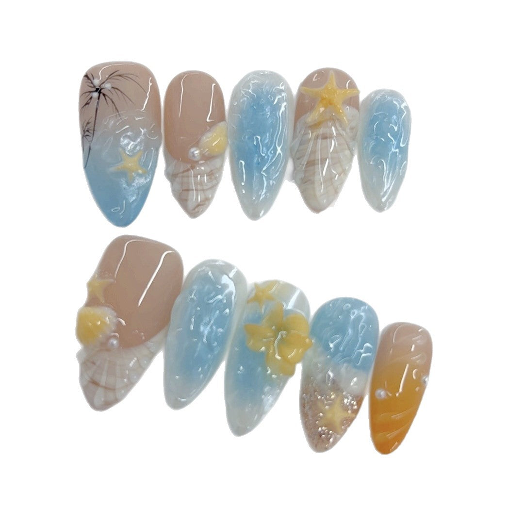 365nails-Ocean Treasure：「貝殼海星」– 杏仁形 手工製 3D 刻雕 穿戴甲