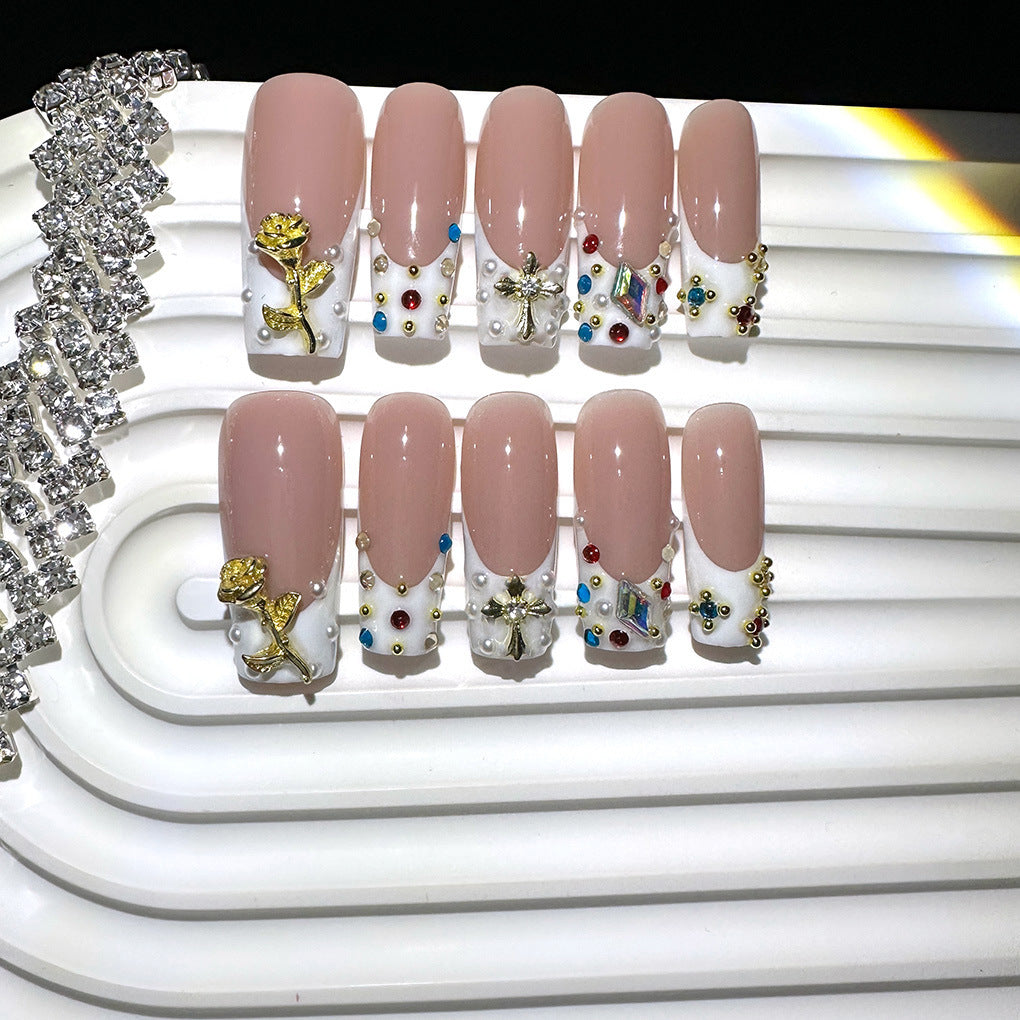 Gemstone Couture Collection: "Jewel Encrusted Nude" – Medium Almond Press-On Nails