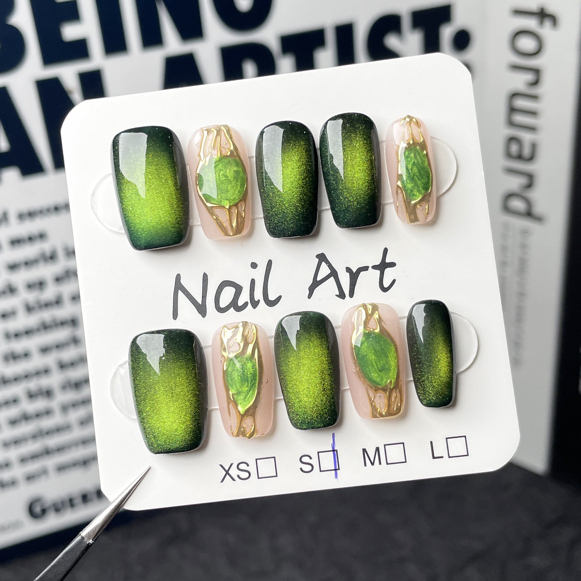 Jade Cat-Eye Nails with Glossy Gemstone Accents