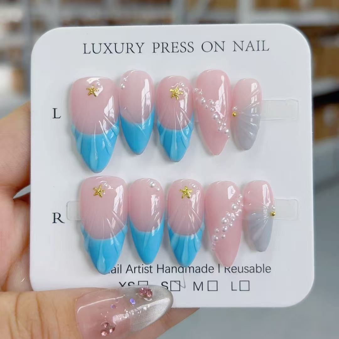 Mermaid Tide: "Onda de Coral" – Unhas Postiças de Amêndoa