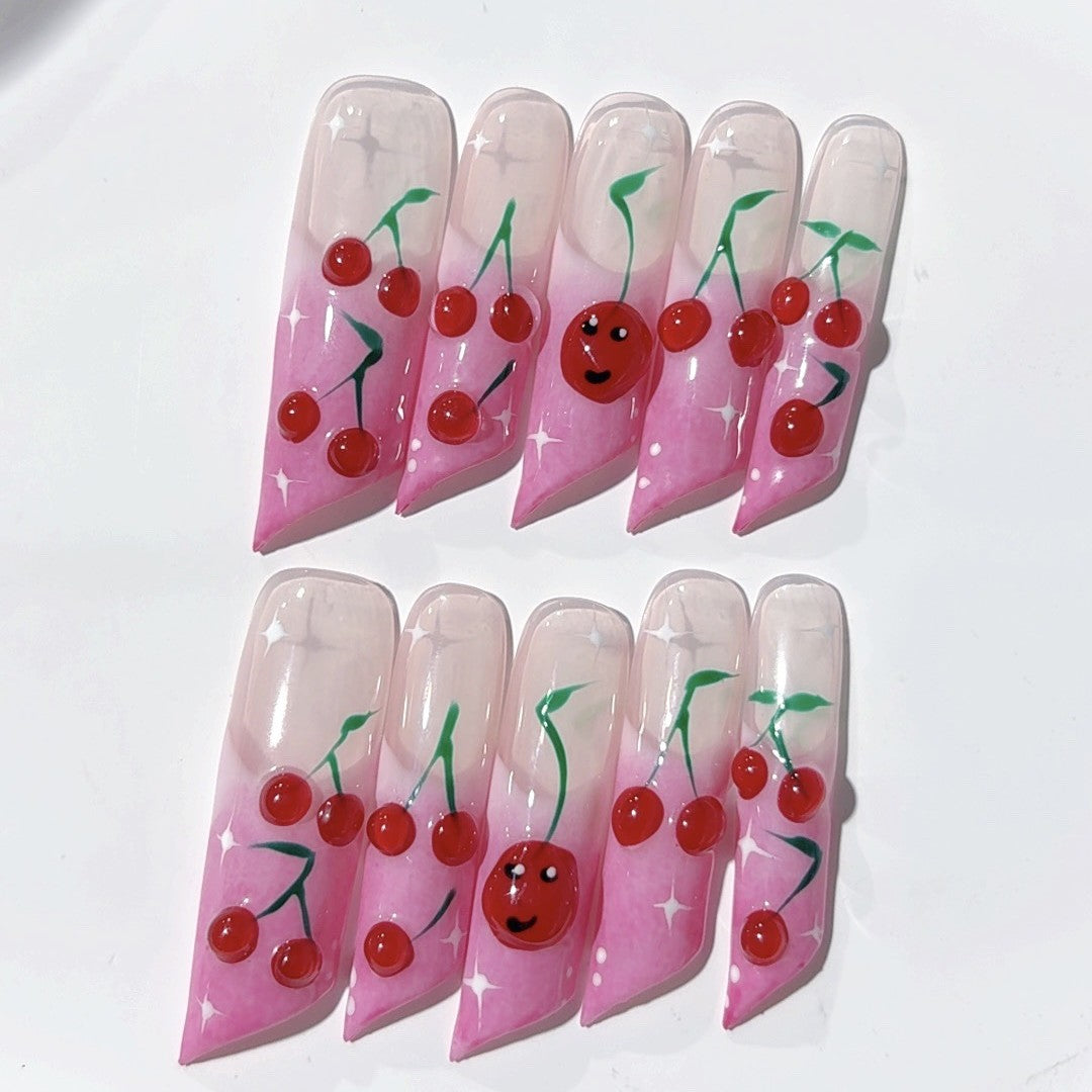 Cute Cherry Gradient Extra Long Press On Nails