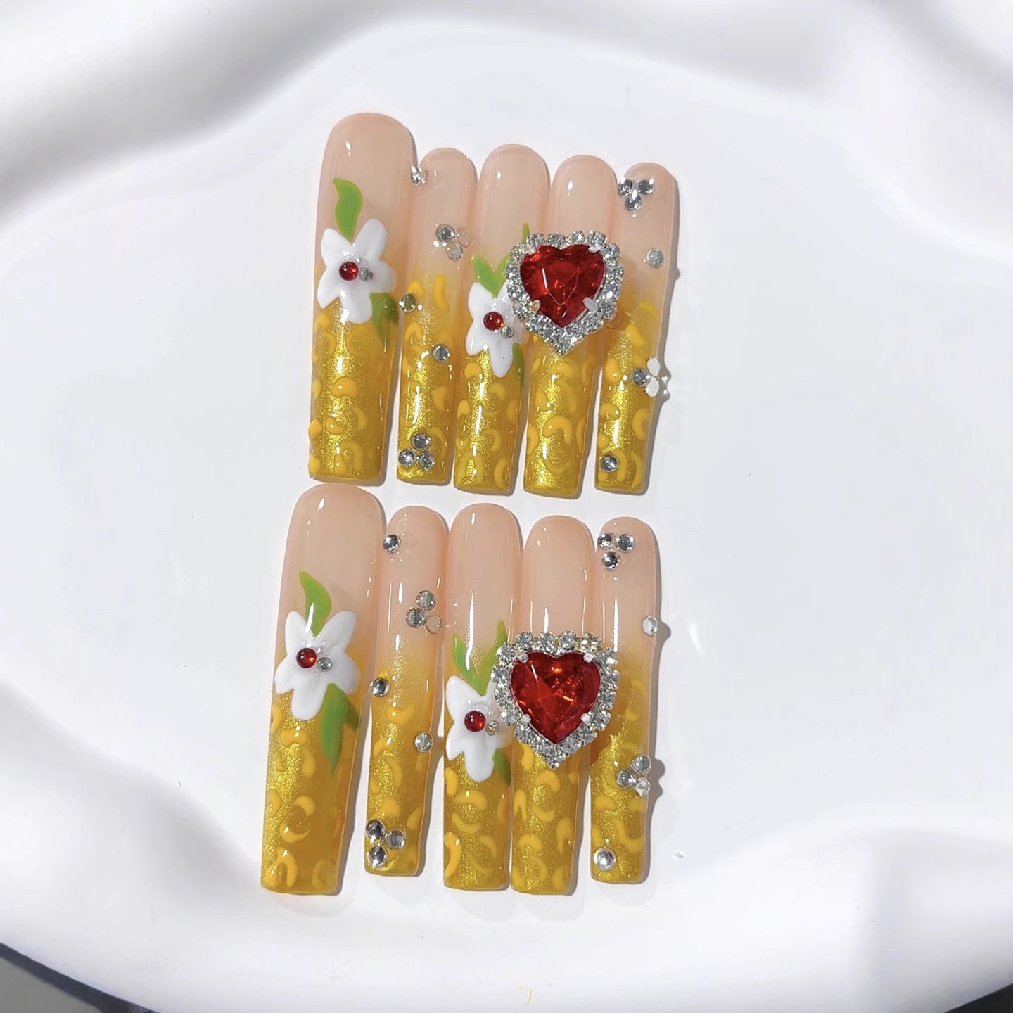 Golden Heart Floral Extra Long Elegant Press On Nails