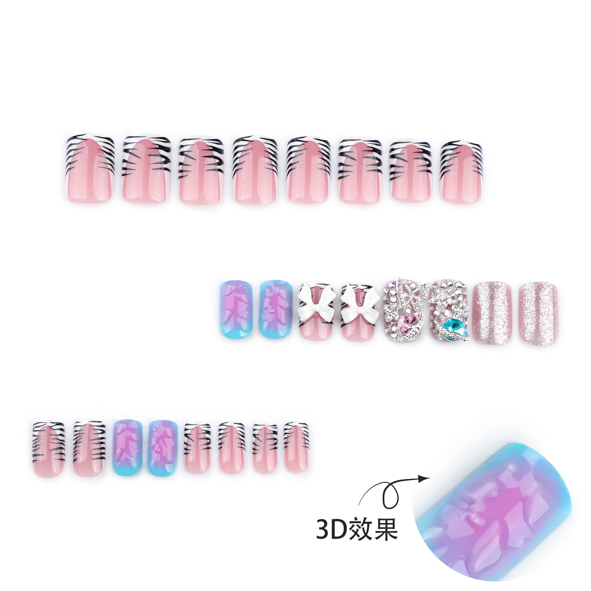 法式黑白斑馬紋閃鑽爆閃短款方形穿戴甲 批發｜365nails