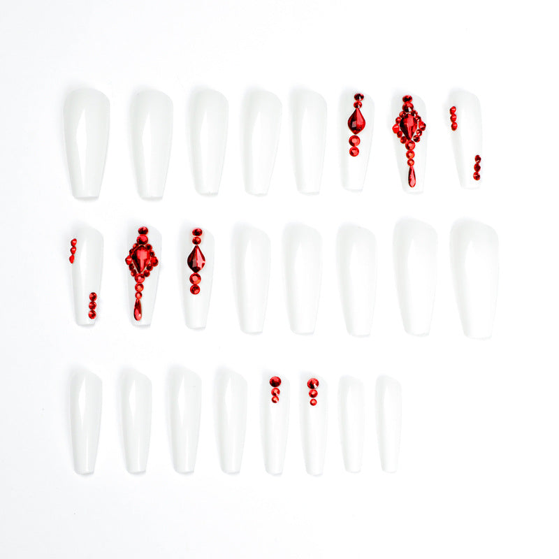 Long Ballet White Red Stacked Diamond Nail Pieces Finished Nail Pieces Wholesale Nail Patches s｜365nails