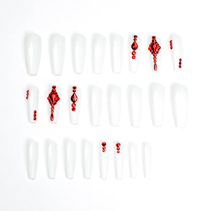 Long Ballet White Red Stacked Diamond Nail Pieces Finished Nail Pieces Wholesale Nail Patches s｜365nails