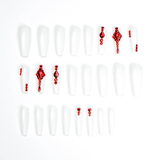 Long Ballet White Red Stacked Diamond Nail Pieces Finished Nail Pieces Wholesale Nail Patches s｜365nails