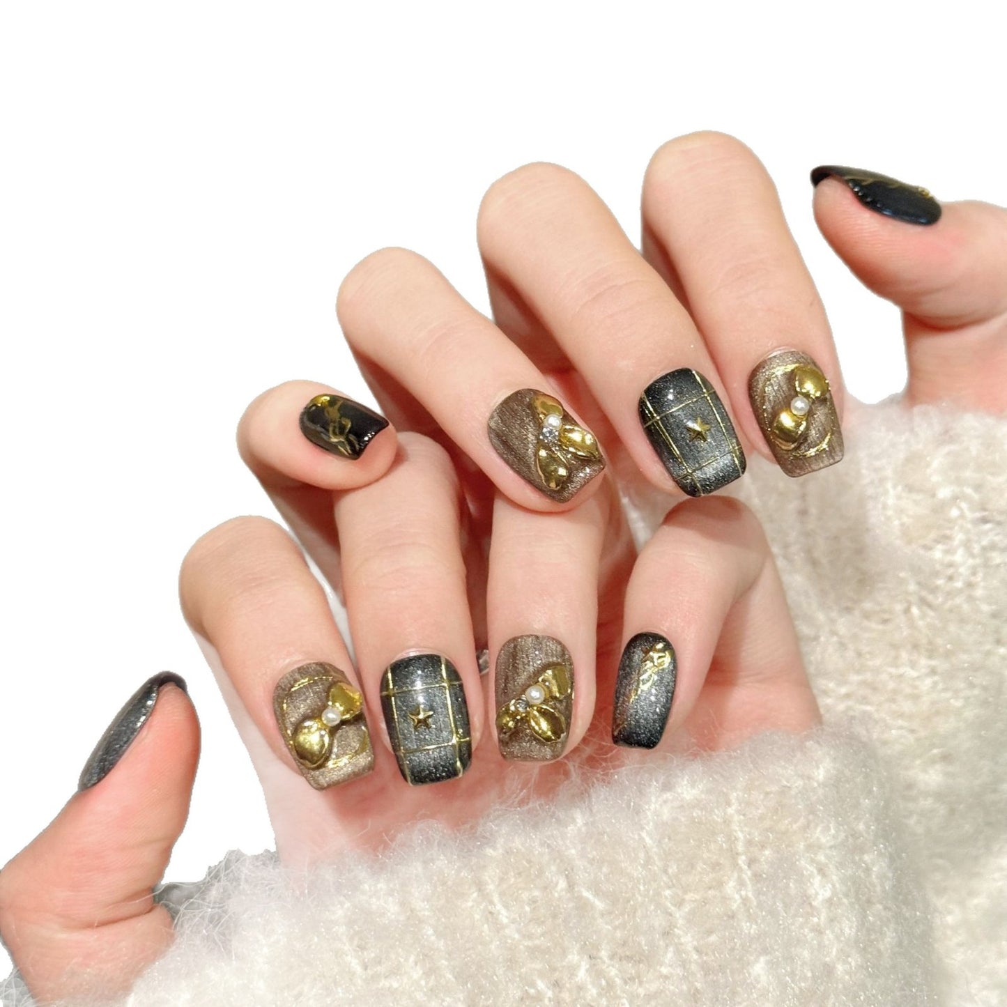 Black Gold Gradient Bow Star Elegant Press On Nails