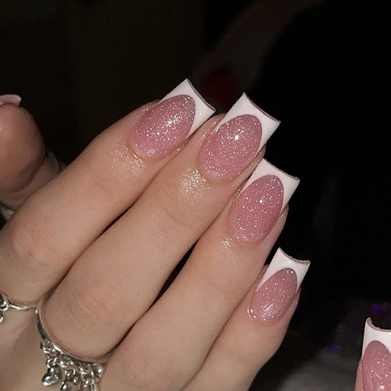 Simple naked powder manicure fake nails French white edge wearing nail glitter flash nail piece fake nails nail piece｜365nails