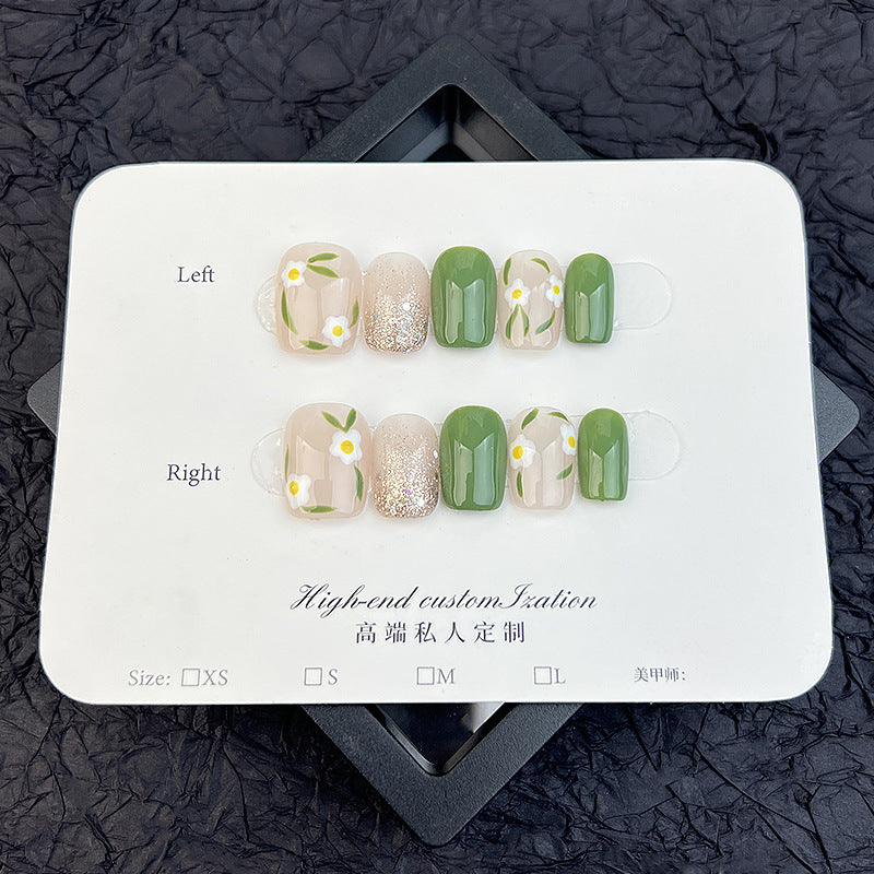 365nails Whimsy: "Emerald Meadow" – Short Square Green & Floral Press On Nails 24pcs