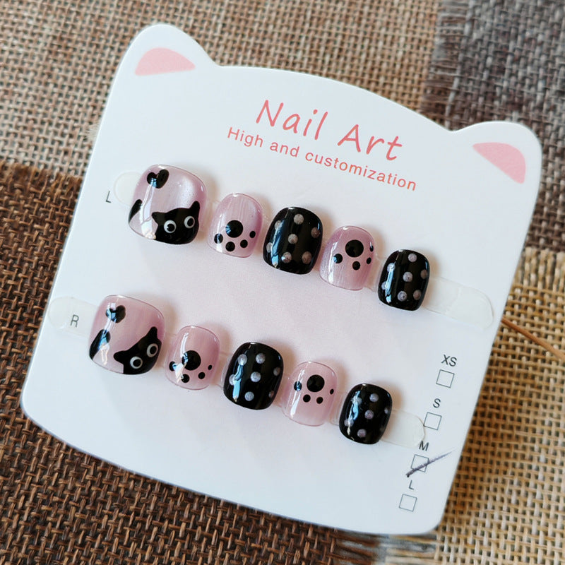 365nails: "polka dot playful kitty" – short round handmade kids press-on nails