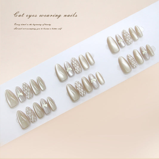 Nail Tips  prefabricated nail light brown three-dimensional plaid bow cat eye gentle white  removable manicure 30 pieces｜365nails