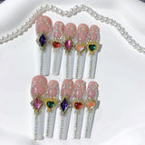 Multicolor Heart Gem Extra Long Press On Nails