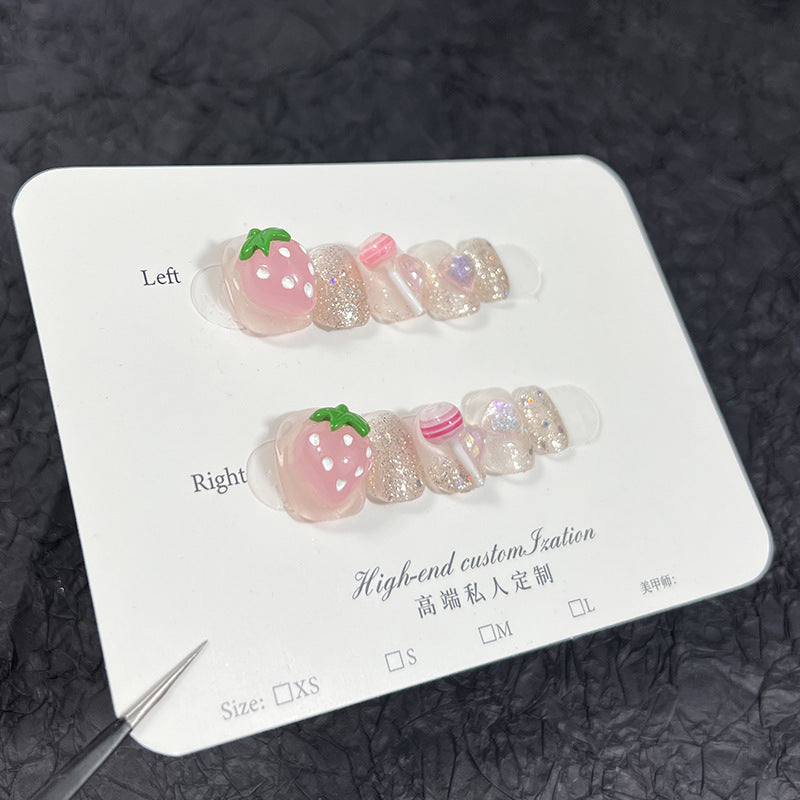 Parche de uñas con diseño de piruleta de fresa tridimensional, hecho a mano, bonito y dulce, adhesivo para uñas desmontable｜365nails