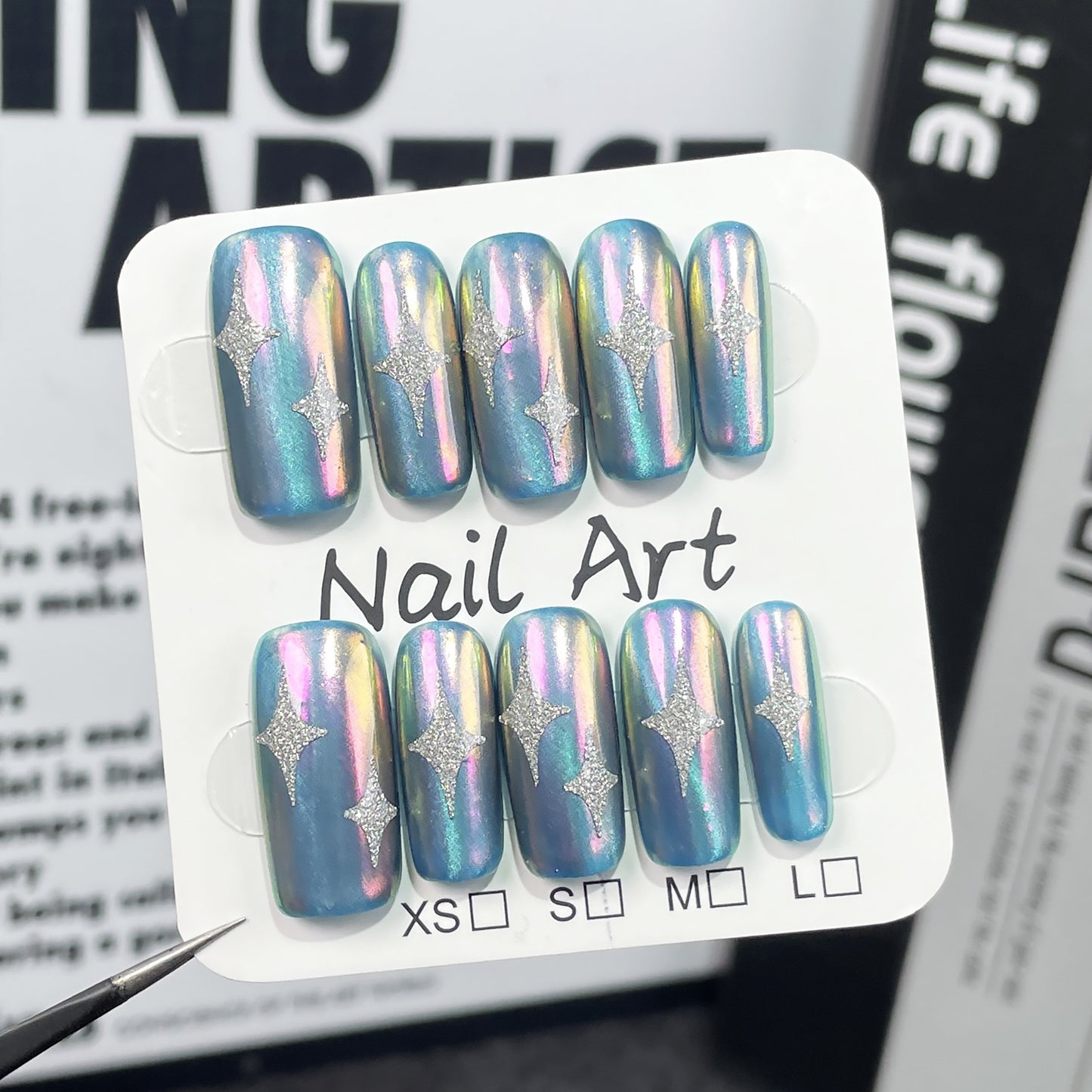 Adesivo de unha quadrado médio e longo, colorido, mudança de cor, Aurora, unhas postiças artesanais, adesivos de unha vestíveis｜365nails