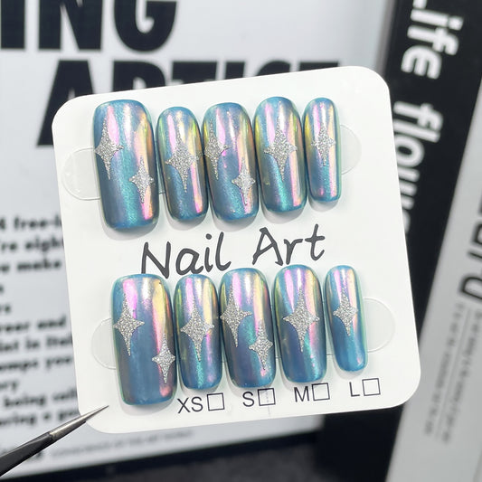 Medium and long square nail art patch, colorful color-changing Aurora nail sweet cool handmade press-on nails wearable nail sticker｜365nails