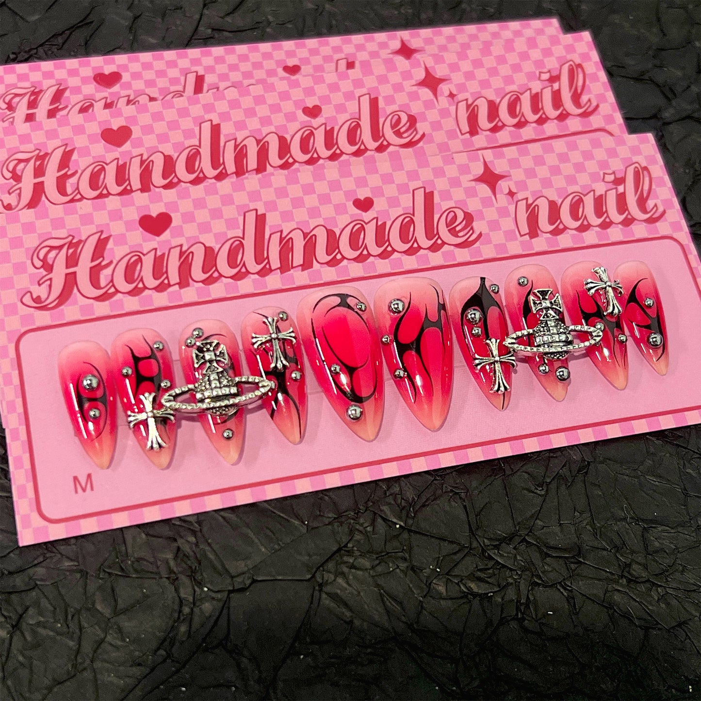 Red-Black Flame Press-On Nails | Stiletto | Handmade with Silver Cross & Planet Charms