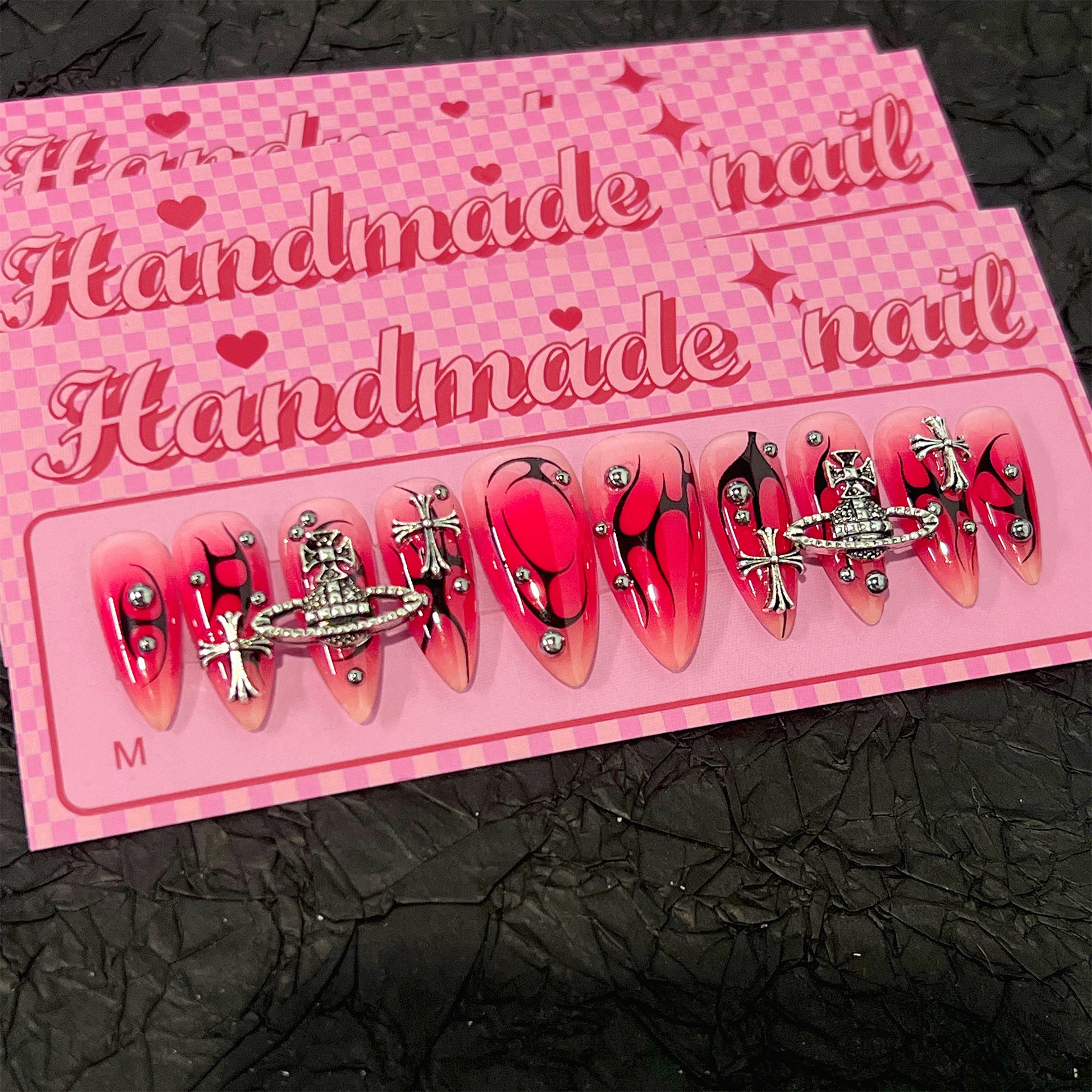 Red-Black Flame Press-On Nails | Stiletto | Handmade with Silver Cross & Planet Charms