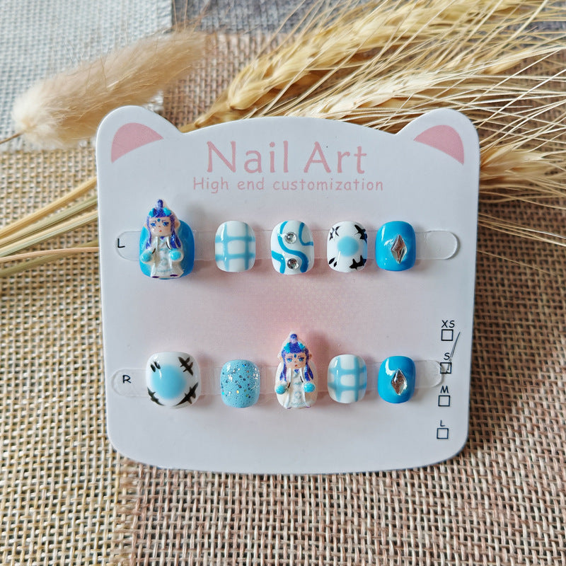 365nails：「藍色小龍王子」—短款方圓形手工製兒童穿戴甲