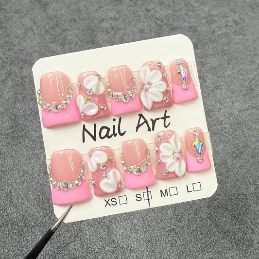 Unhas de bico de pato, unhas francesas doces gravadas, arte de unhas transparentes, desejo puro, alto sentido, unhas postiças artesanais, atacado｜365nails