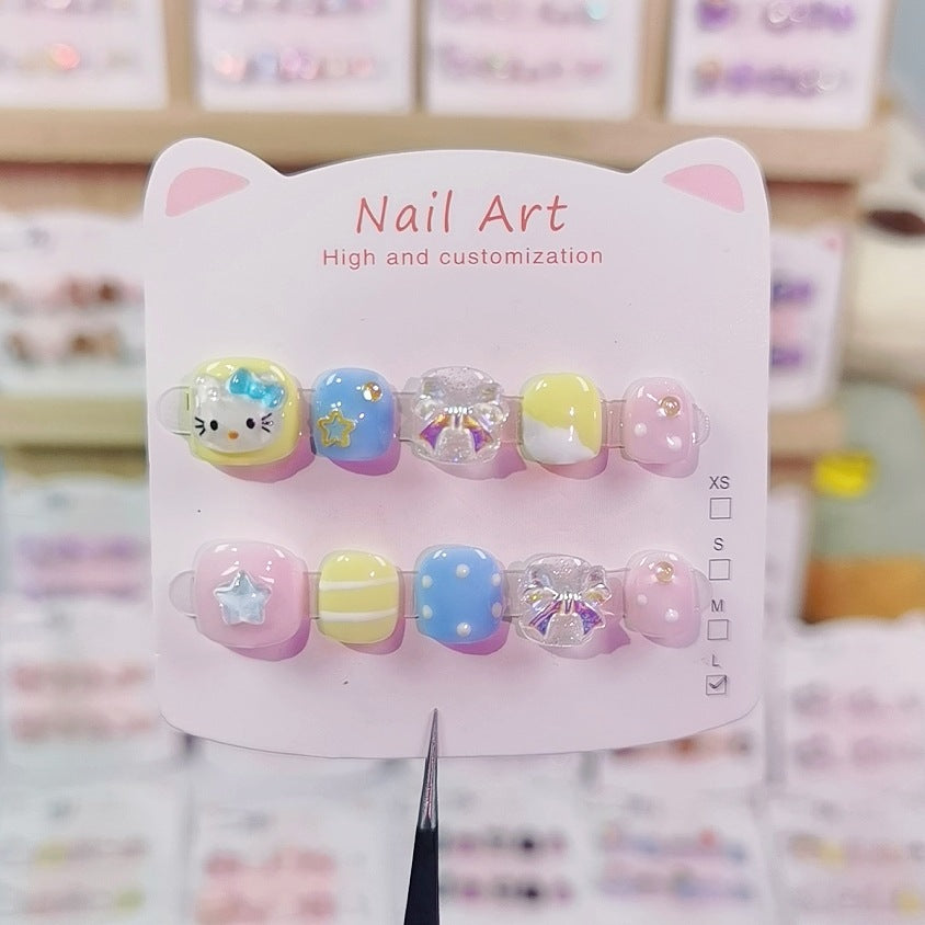 Cute Pastel Cartoon Kids Press On Nails with Crystal Accents