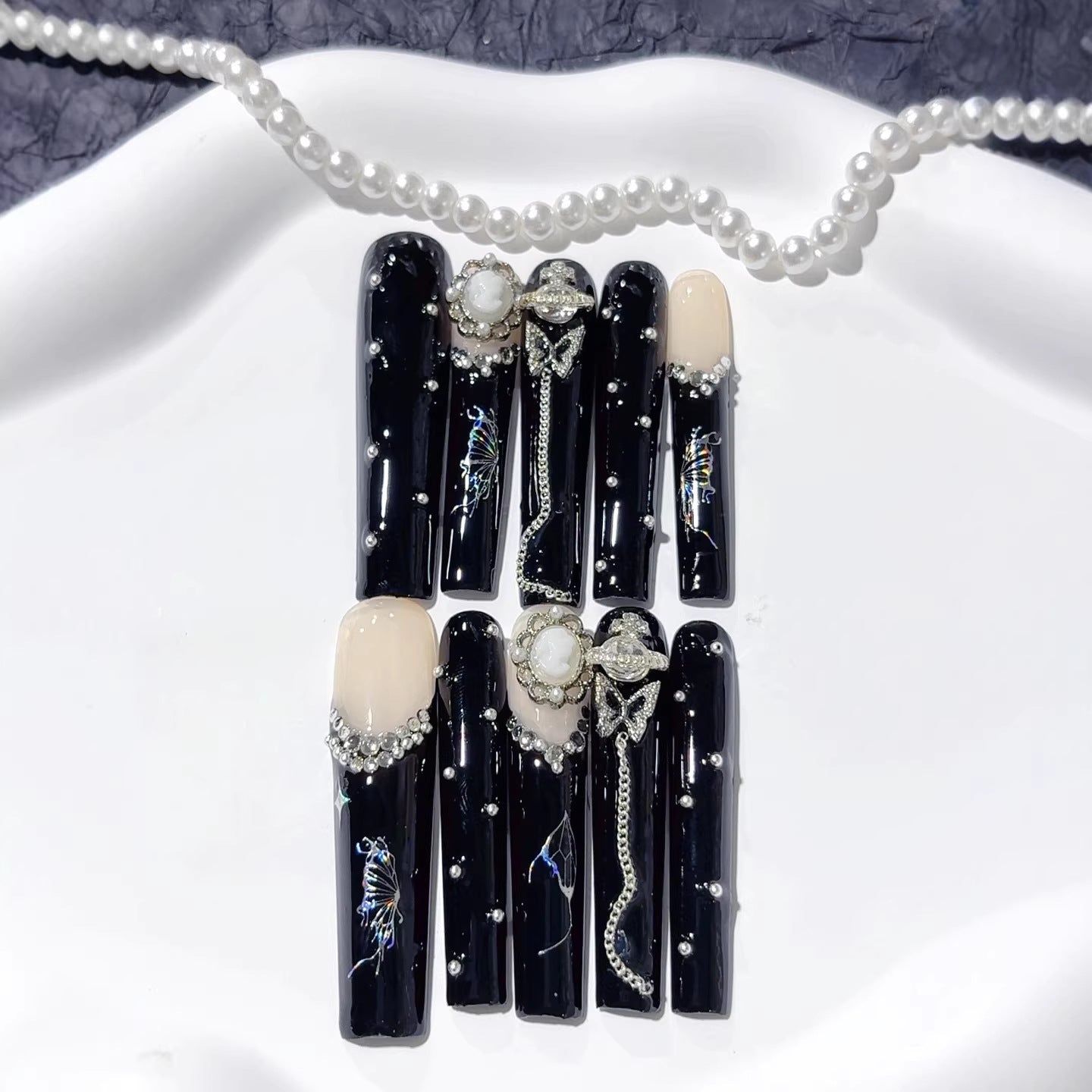 Dark Gothic Pearl Butterfly Luxe Press On Nails