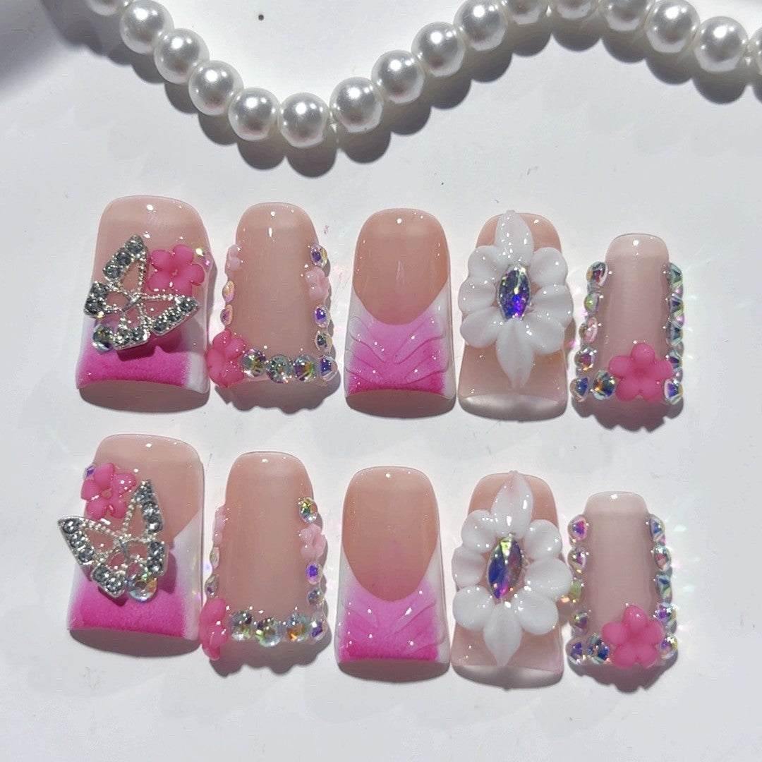 365nails-粉色蝴蝶：「花卉蝴蝶」 – 方形 手工製 3D 裝飾 穿戴甲