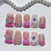 365nails-粉色蝴蝶：「花卉蝴蝶」 – 方形 手工製 3D 裝飾 穿戴甲