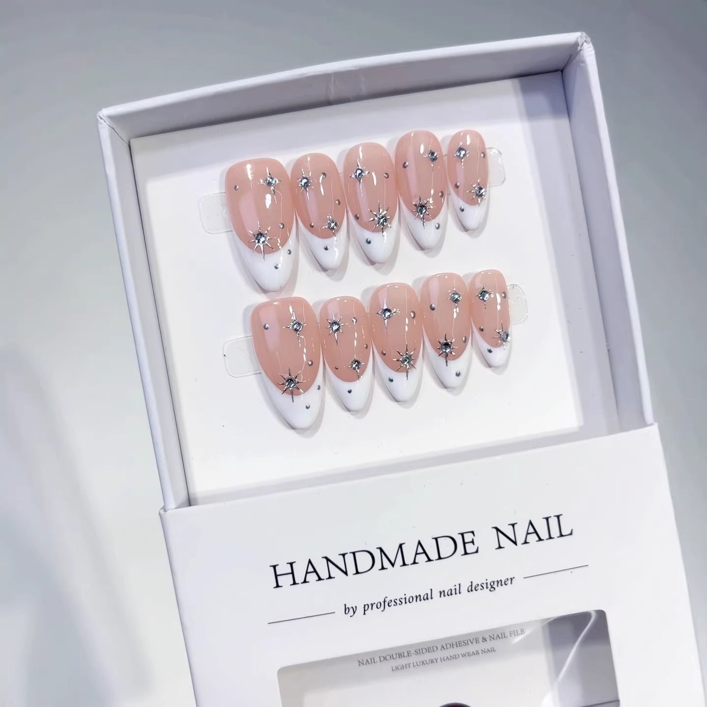 Starry French: "Silver Star" – Almond Press-On Nails