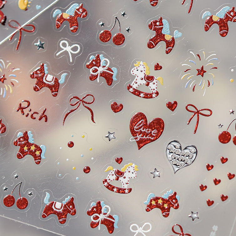 Festive Rich Collection: "Rich Rocking Horse" – Glitter 3D Embossed Nail Stickers