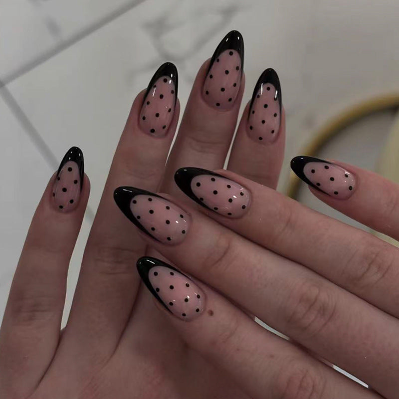 Simple french black press-on nails black polka dot round dot manicure nail chips almond nails