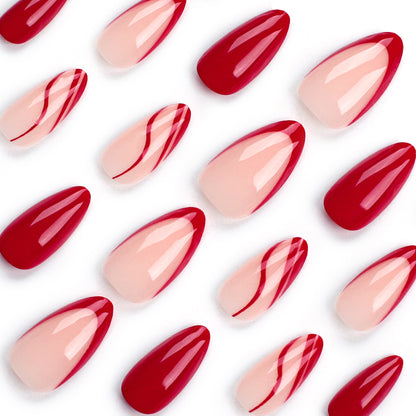 Simple Wear Nail Nail Sheet Solid Color French Red Corrugated Line Almond Nail Detachable Finished Nail Sheet Wholesale｜365nails