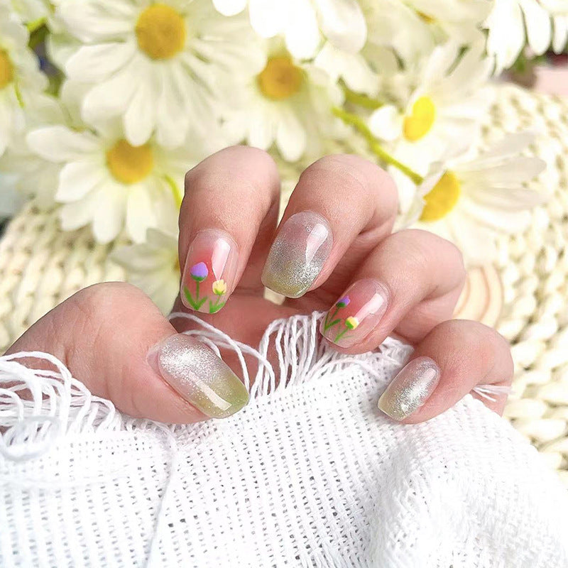 Uñas postizas de tulipán pintadas a mano, pequeñas y frescas, de edición limitada de primavera, con diseño de ojo de gato, uñas postizas hechas a mano, uñas extraíbles al por mayor | 365nails
