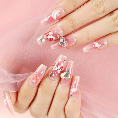 Press on nails art wholesale pink Valentine's Day Press on nails love flash diamond nail piece star moon heart blush nail piece｜365nails