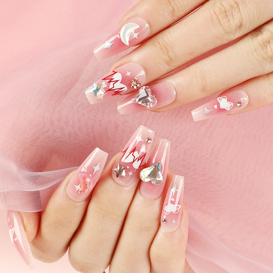 Press on nails art wholesale pink Valentine's Day Press on nails love flash diamond nail piece star moon heart blush nail piece｜365nails