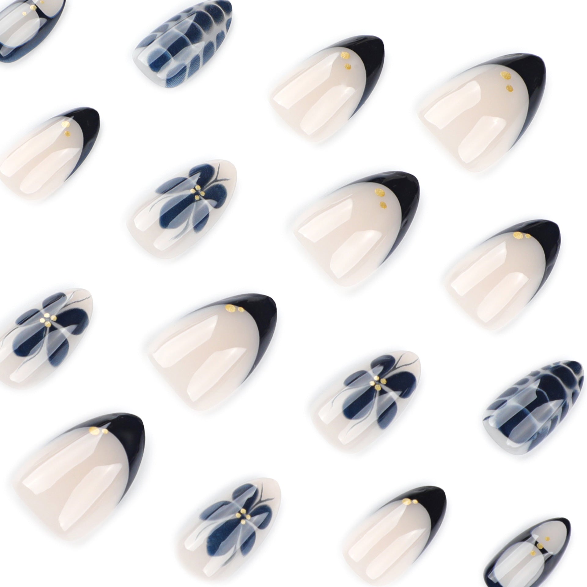 Navy Petal Accent Nails with Soft Nude Contrast