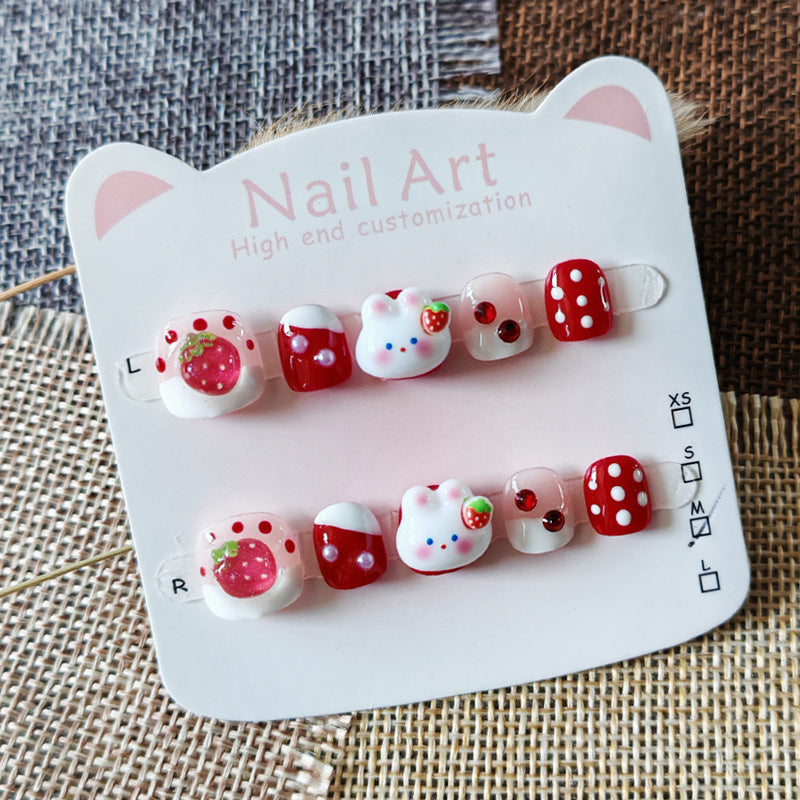 365nails: "strawberry sweetheart bunny" – short round handmade kids press-on nails