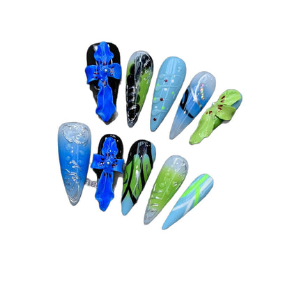 Blue carved holiday style high-end trendy cool pure hand-squeezed flowers | 365nails