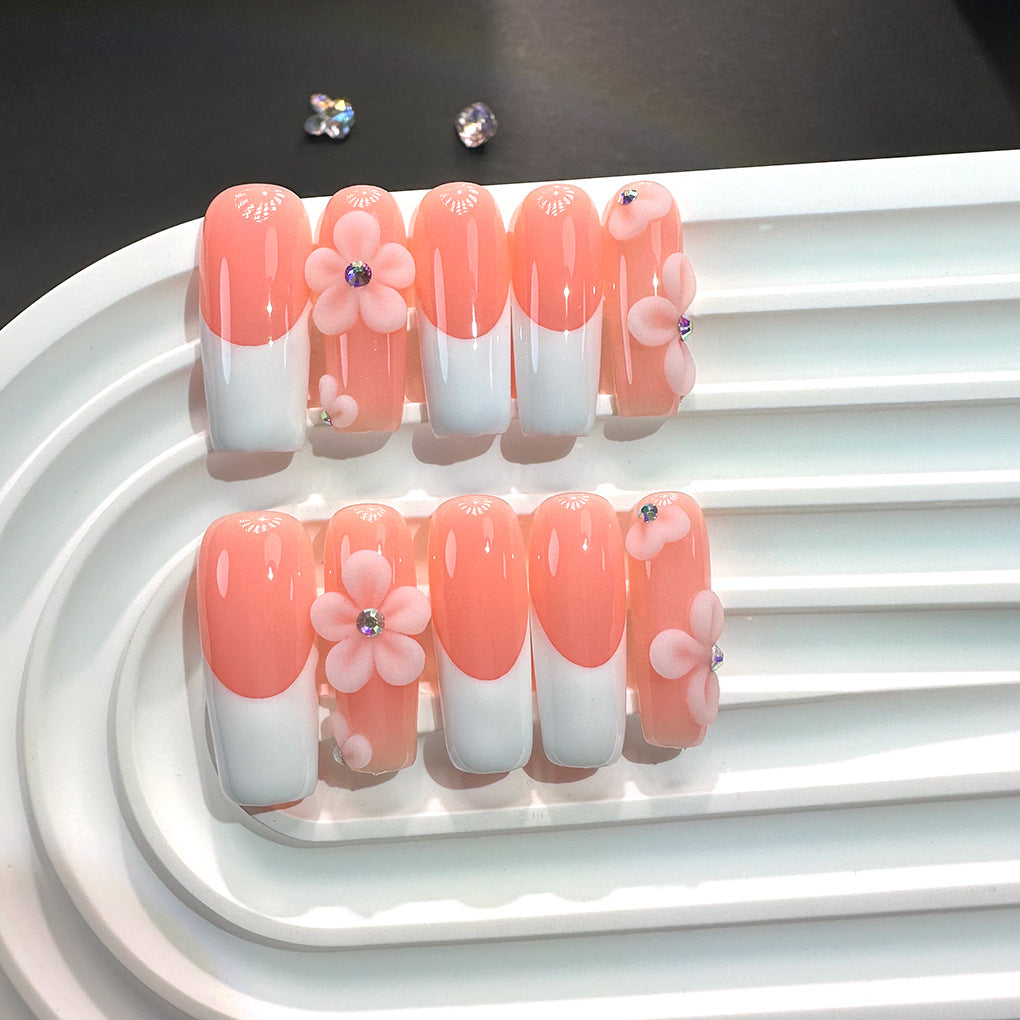 Peach French Floral Soft Gloss Elegant Press On Nails