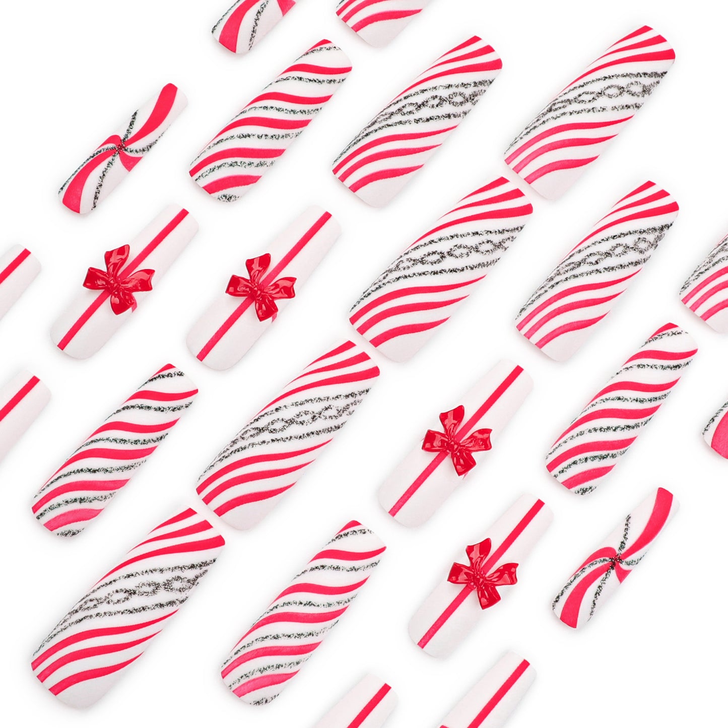Extra long red bow Press on nails   Christmas  candy striped glitter fake nail nail piece｜365nails