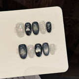 Silver Black Heart Sparkle Winter Nails