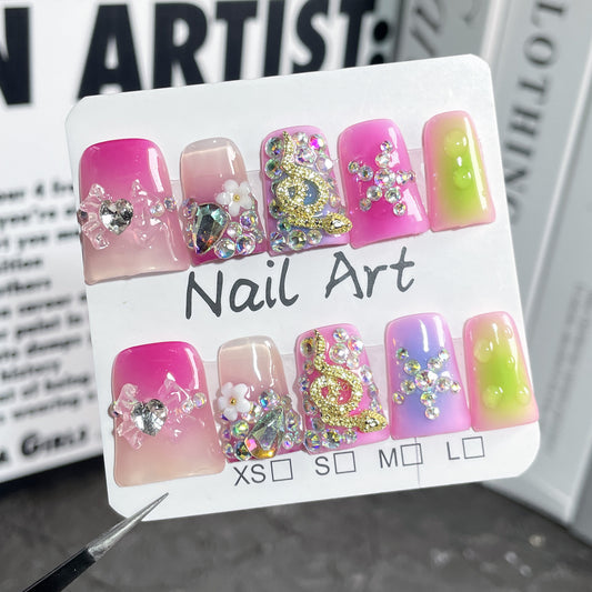 Handmade press on nails Sweet Cool Blush Nail Ice Transparent Bow Full Diamond Nail Art  Duckbill Shape Nail Wholesale｜365nails