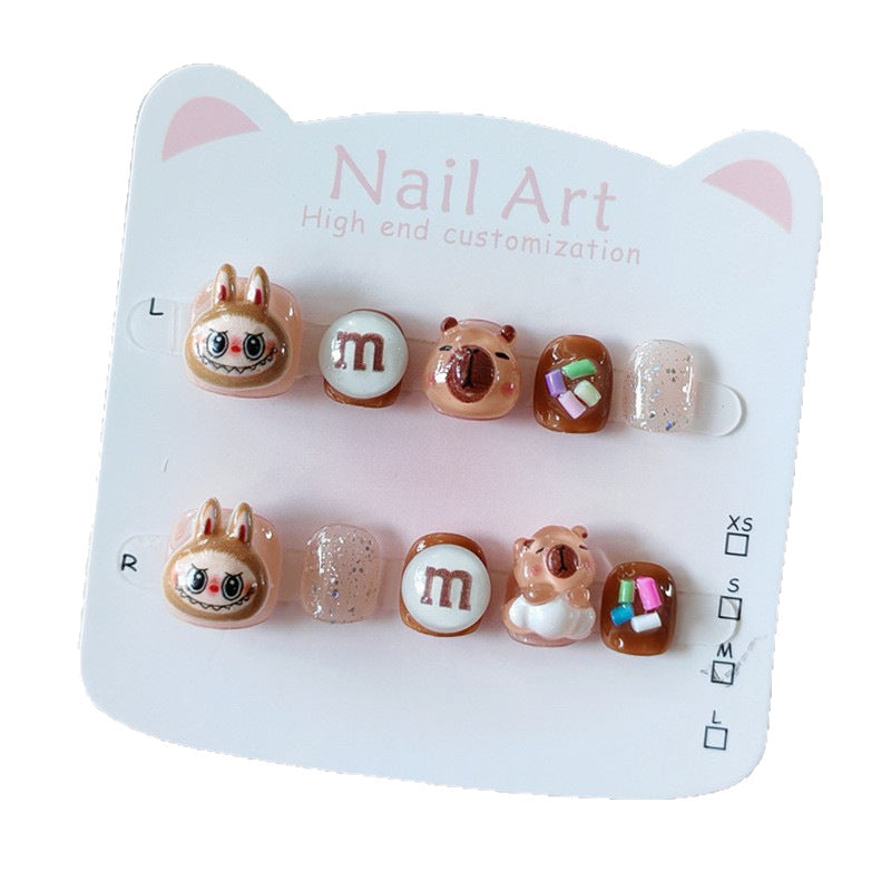 365Nails: "Labubu & Capibara Snack Time" – Handmade Cute Short Oval Press On Nails