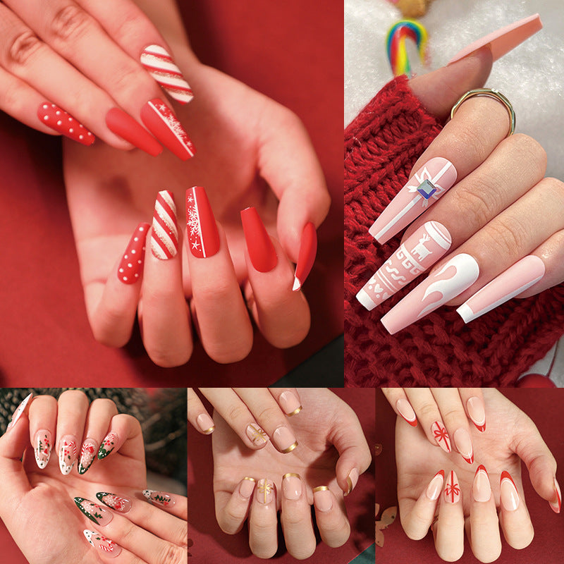 Uñas navideñas con diseño de copos de nieve, diseño de muñeco de nieve, manicura corta con lazo almendrado y uñas largas, venta al por mayor | 365nails
