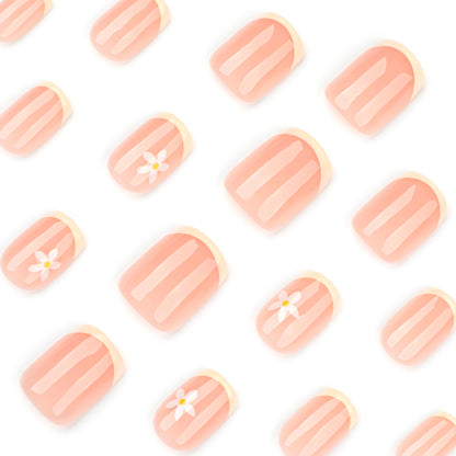 Fresh Bee Flower Nail Art Products Finished Wholesale French Yellow Wearing False Nails Short Square Nail Wearing Nail｜365nails