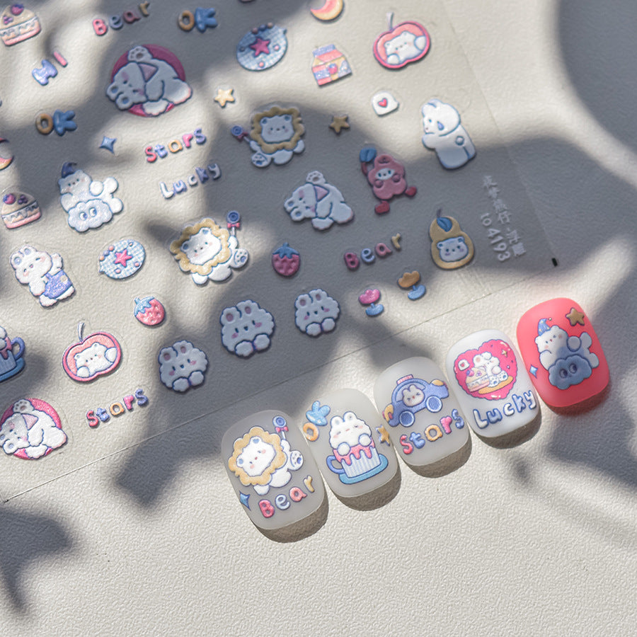 Happy Animal Collection: "Cute Happy Animals & Rainbow" – 3D Embossed Nail Sticker