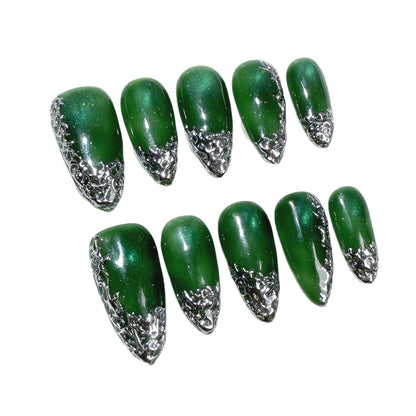 Handmade press on nails jadeite cat eye irregular metal shape  ice-penetrated almond nail finished product wholesale｜365nails