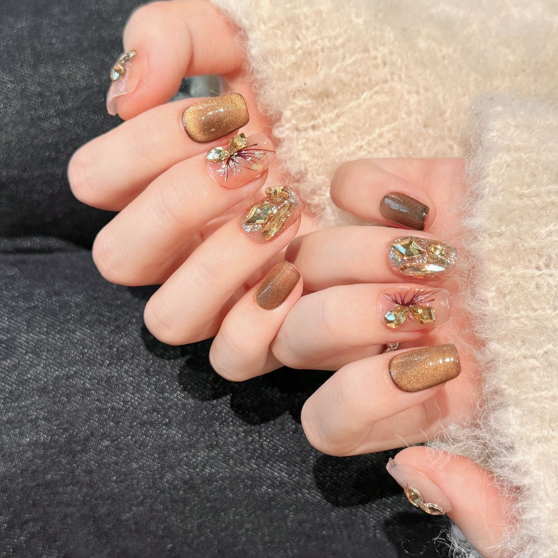 365nails: "Golden Hour" – 3D Gem & Hand-Painted Floral Handmade Short Square Nails