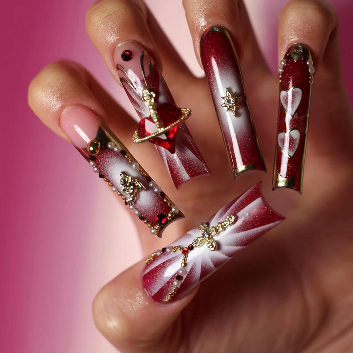 Uñas francesas con destellos explosivos de diamante, especiales para uñas artísticas, parches de uñas con gemas de amor planetario, venta al por mayor | 365nails