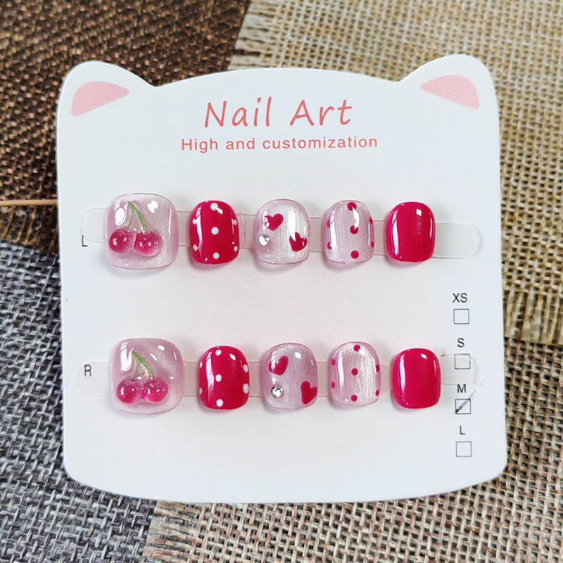 365nails: "raspberry jelly cherry" – short squoval handmade kids press-on nails